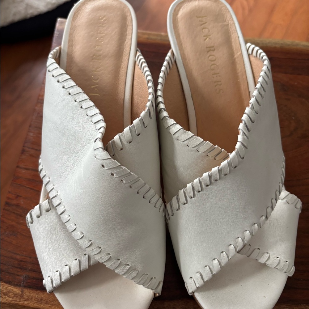 Jack Rogers White Sloane Mules with Whipstitch Detailing